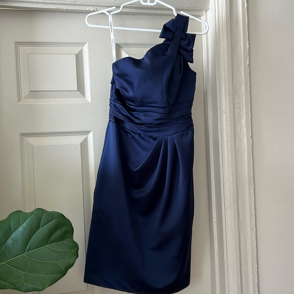 David’s Bridal navy blue, one shoulder, bridesmaid dress, size 2.